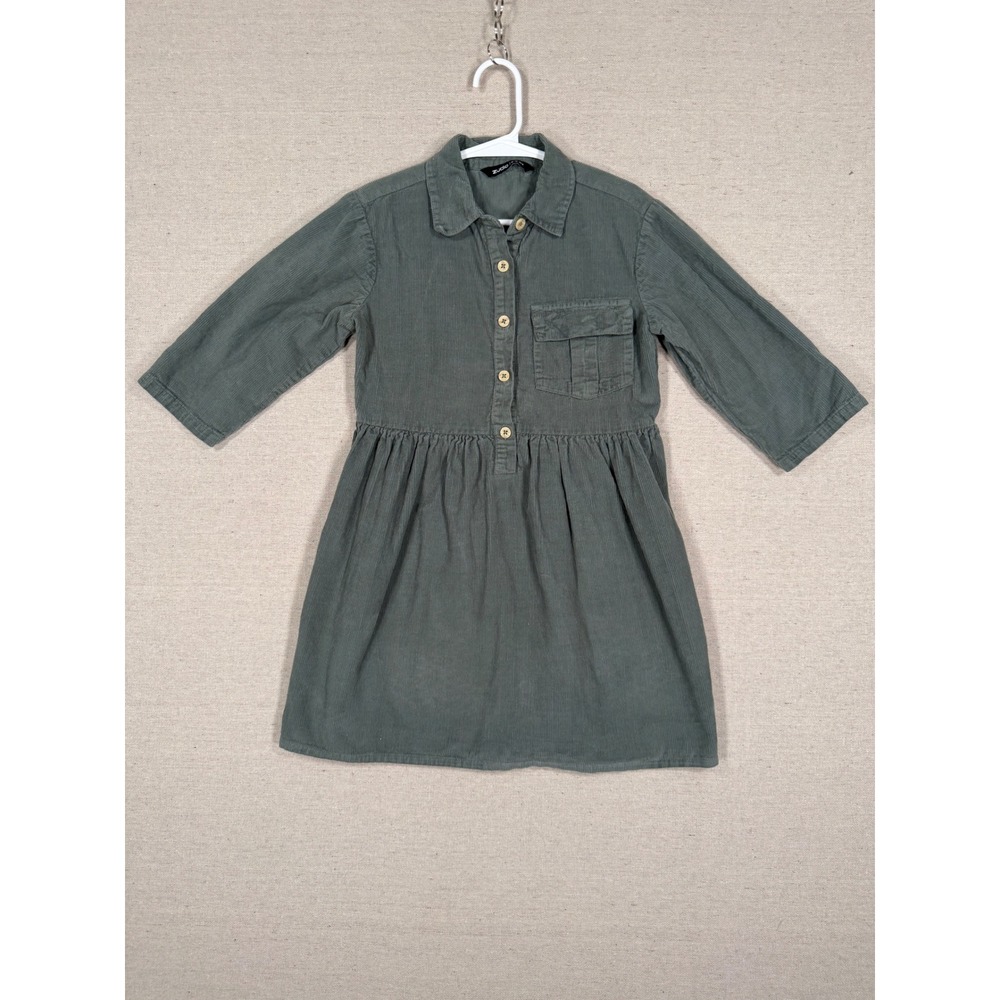 Zudio Kids Olive Green Corduroy Long Sleeve Button Front Dress Size 5-6 Yrs